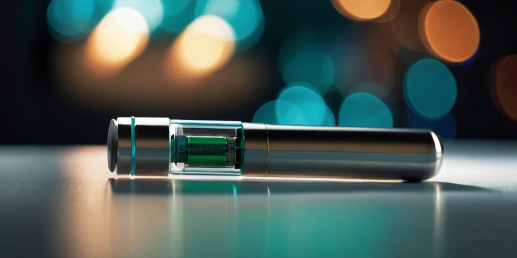 Photo d'une BP Stik Aspire avec une cartouche installée, montrant le bouton d'activation et les voyants LED.