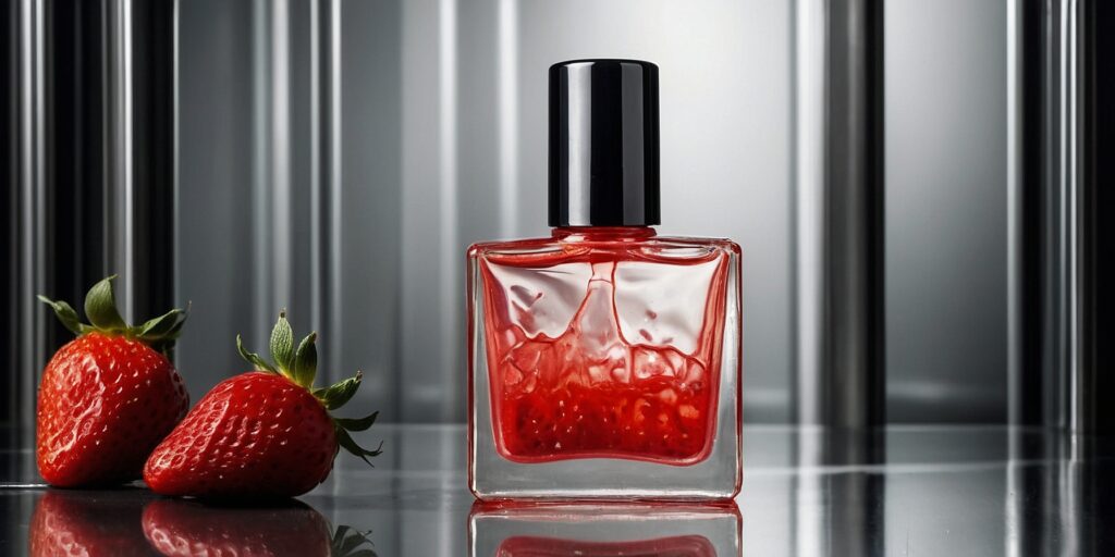 Une photo d'un flacon d'e-liquide à la fraise classique avec un fond de vape, mettant en avant les notes de fraise mûre et les nuances de couleurs.