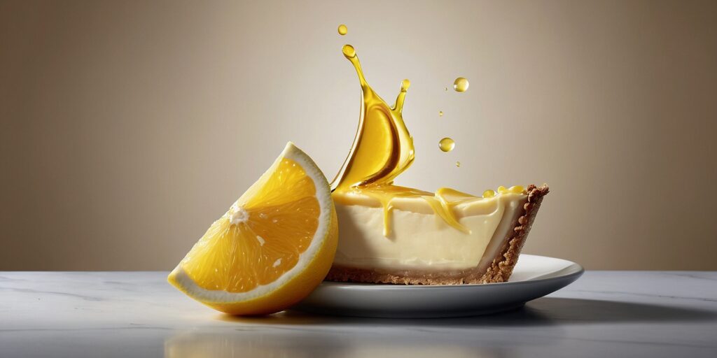Un flacon d'e-liquide avec une étiquette représentant une tarte au citron Un flacon d'e-liquide avec une étiquette représentant une tarte au citron